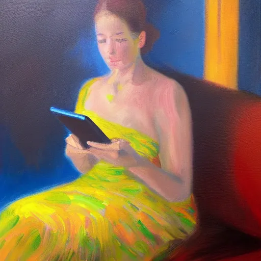 Image similar to a vivid impressionistic painting of a bored woman, she is holding a smartphone, oil on canvas, trending on artstation