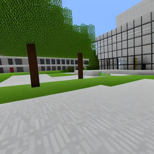 Prompt: college campus sidewalk with a rectangular and new college building in the background,, ( ( minecraft ) ) style, shaders