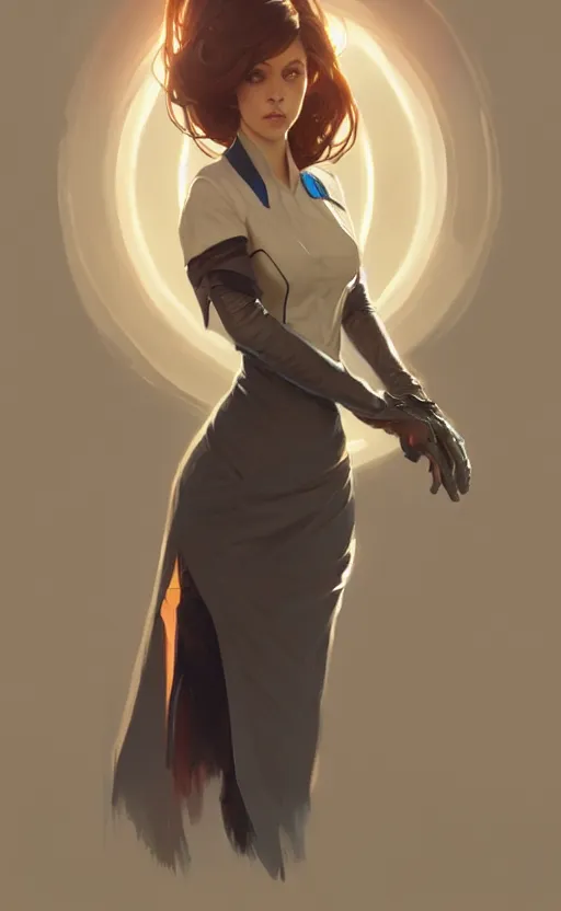 Image similar to Female in office dress, sci-fi, highly detailed, digital painting, artstation, concept art, smooth, sharp focus, illustration, art by artgerm and greg rutkowski and alphonse mucha