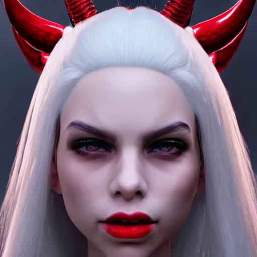 Image similar to a highly detailed portrait of a humanoid demon girl with white hair, red horns, in white clothes, artstation, deviantart, professional, unreal engine 5, photorealistic