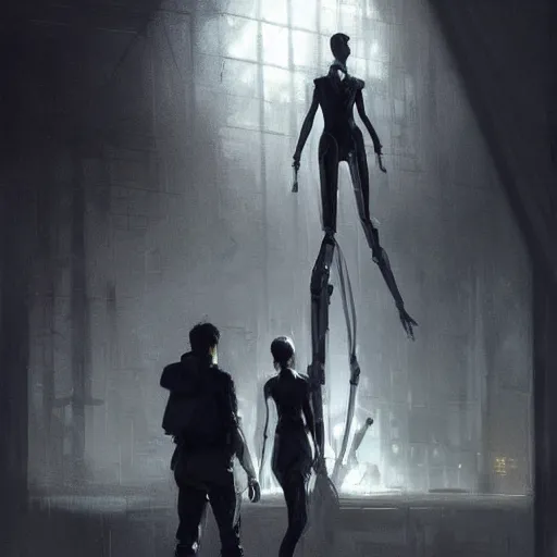 Image similar to concept art by greg rutkowski, a very tall and slender cyborg, talking to a short woman dressed in a utilitarian black and white jumpsuit, high tech and futuristic white walled environment, unnatural lighting, uncanny atmosphere, frightening and creepy atmosphere, scifi, highly detailed portrait, digital painting, artstation, concept art, smooth, sharp foccus ilustration, artstation hq