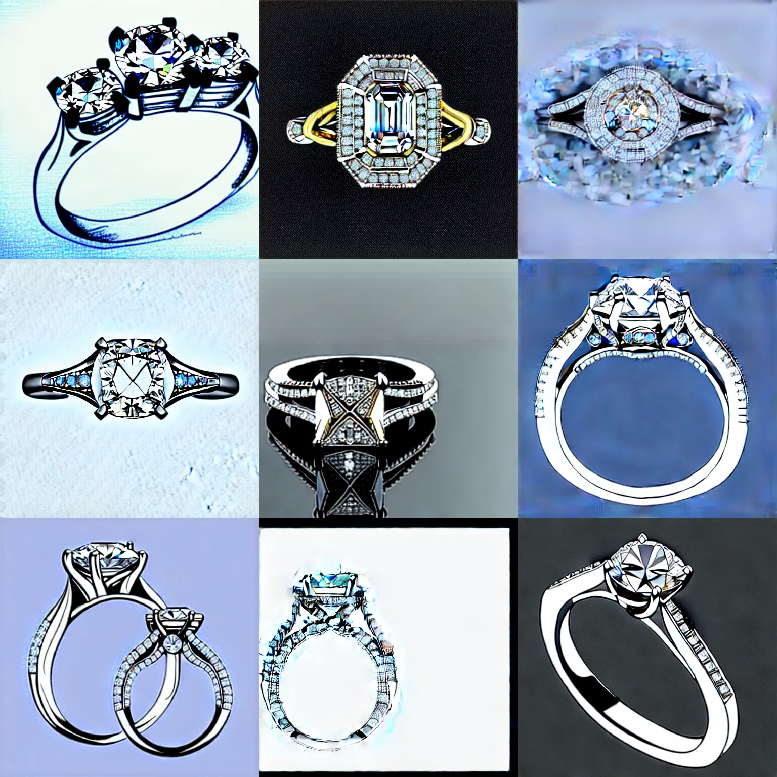 Image similar to sketch of engagement ring with two smaller diamonds outside and one bigger diamond in the middle, hyper detailed