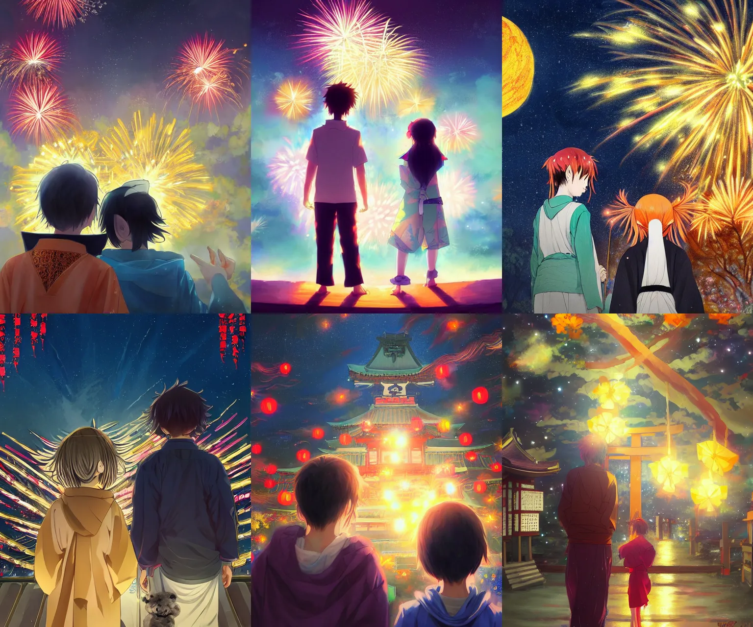 Prompt: beautiful anime painting of a boy and a girl from behind at a shinto shrine looking up at the night sky illuminated by colorful new years fireworks, by WLOP and jason scheier, trending on artstation, concept art