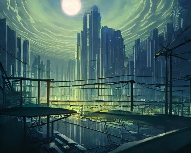Prompt: Floating solarpunk city in a lunar cloudy vortex of light, by makoto shinkai and alena aenamia nd dan mumford