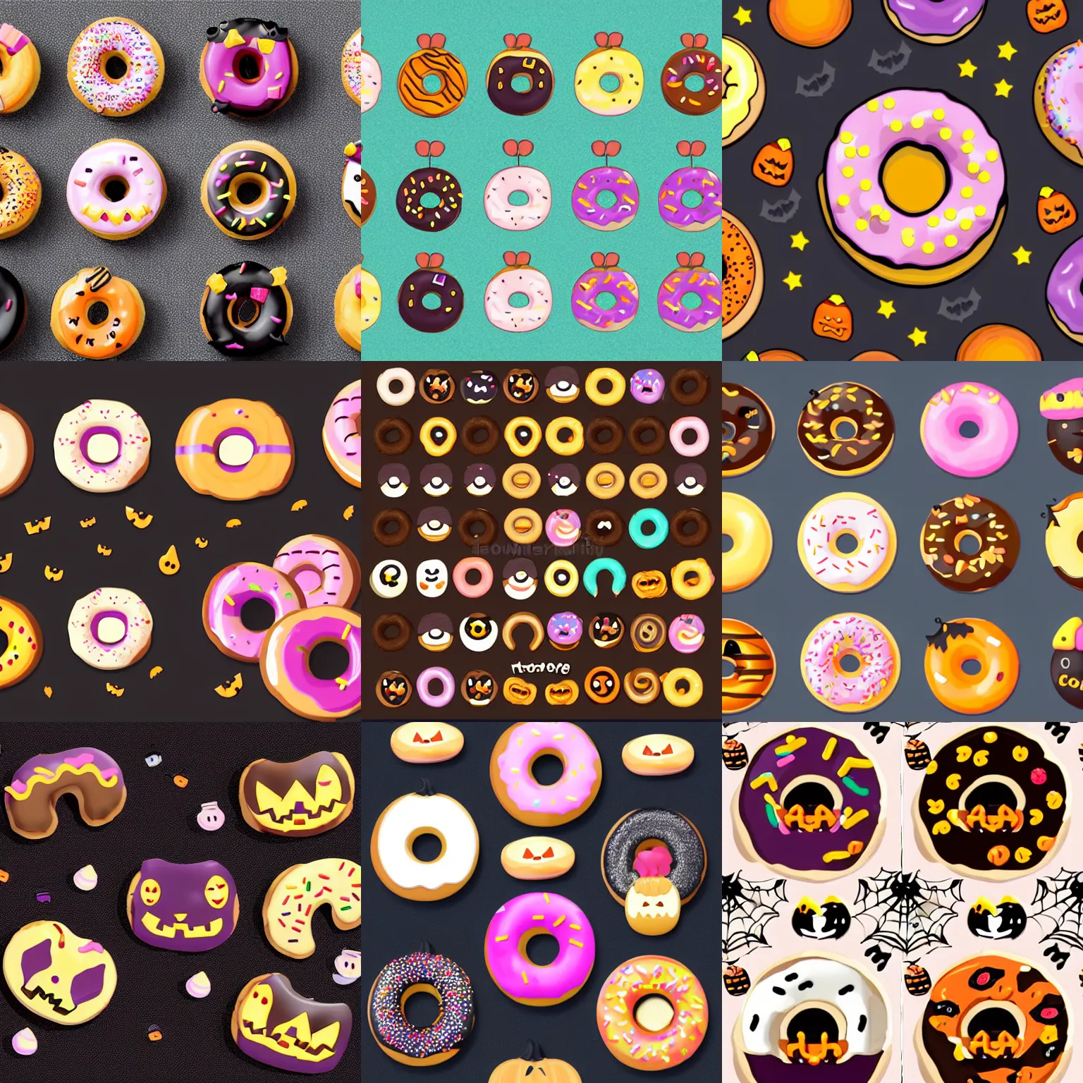 Prompt: kawaii Halloween donut logos for a bakery with a vampire theme with kawaii Halloween candies sprinkled in the background