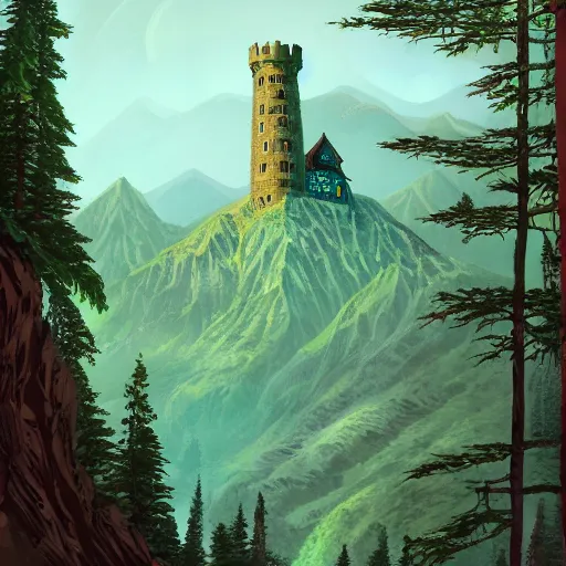 Image similar to a beautiful ultradetailed painting of high fantasy surreal arcane castle on a green mountain above a forest by wes anderson trending on artstation