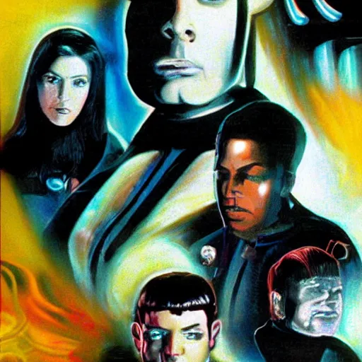 Prompt: Star Trek the next generation crew portrait, cyberpunk, synthwave, highly detailed