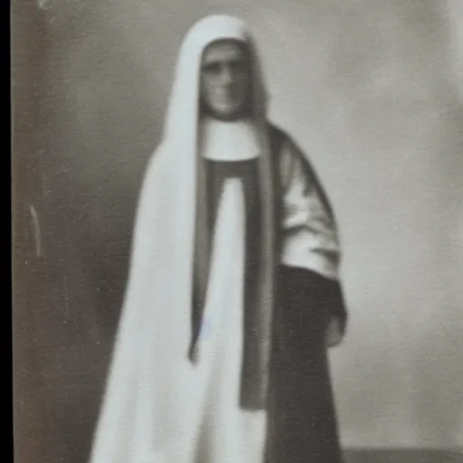 Prompt: antique photograph of a ghost of an evil catholic nun, blurry, transparent, glowing, real photo,