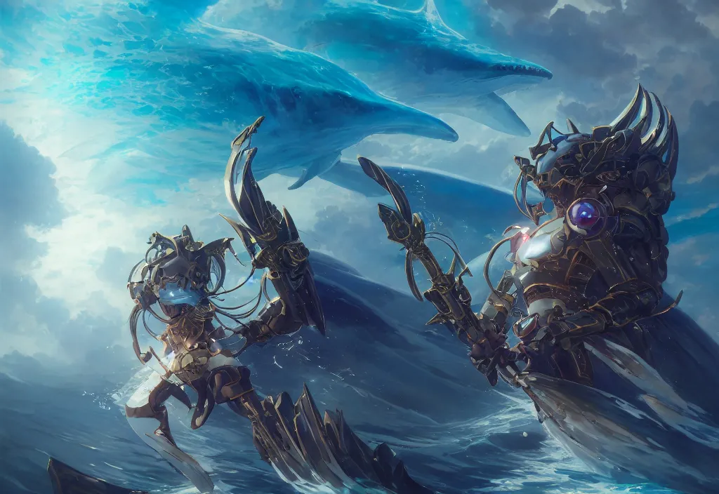 Image similar to close up of a extremely beautiful and aesthetic mech armor witch holding a symmetrical trident, perfect face, symmetrical eyes, back shark fin, horizon, model pose, slightly smiling, blue sky, big wave, big blade whale and big giants minotaurus, epic scene, bright color, fantasy illustrations, by peter mohrbacher and makoto shinkai and ferdinand knab