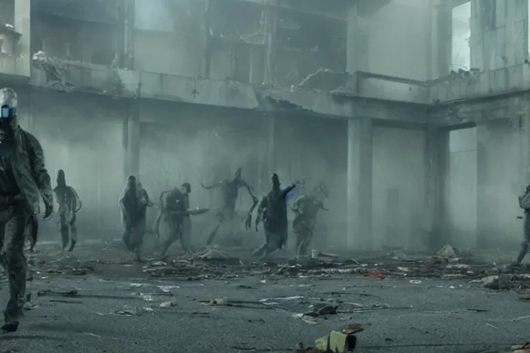 Image similar to dystopian hazmat chased by zombie in dilapidated building. by Roger Deakins