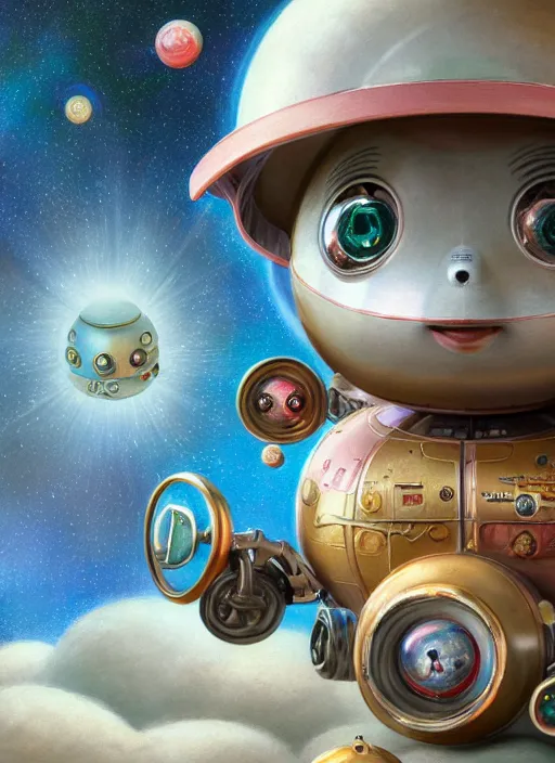 Image similar to highly detailed closeup portrait of a cute tin toy retro saucer spaceship, nicoletta ceccoli, mark ryden, lostfish, earl nore, hyung tae, frank frazetta, global illumination, god rays, detailed and intricate environment