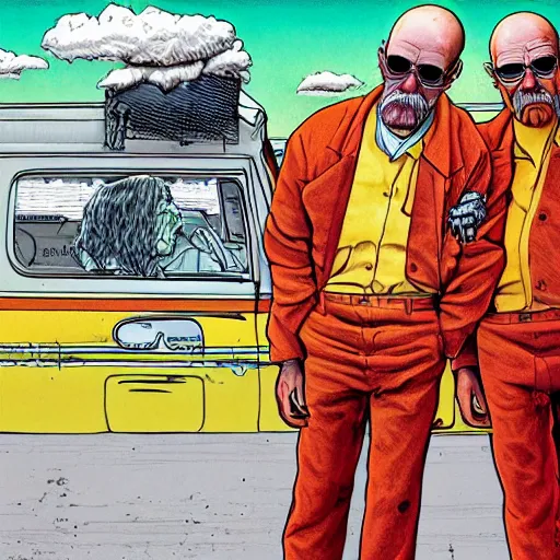 Image similar to The Artwork of R. Crumb and his Cheap Suit Breaking-Bad-Walter-White meth-lab, wearing a bio-hazard suit pencil and colored marker artwork, trailer-trash lifestyle