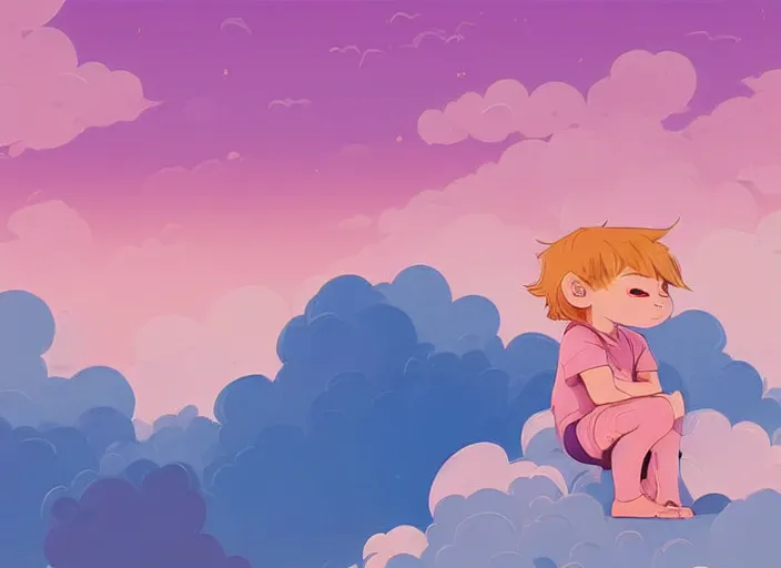 Image similar to a little boy with blonde hair sitting on a cloud in front of a pink and blue sunrise sky. clean cel shaded vector art. shutterstock. behance hd by lois van baarle, artgerm, helen huang, by makoto shinkai and ilya kuvshinov, rossdraws, illustration, art by ilya kuvshinov