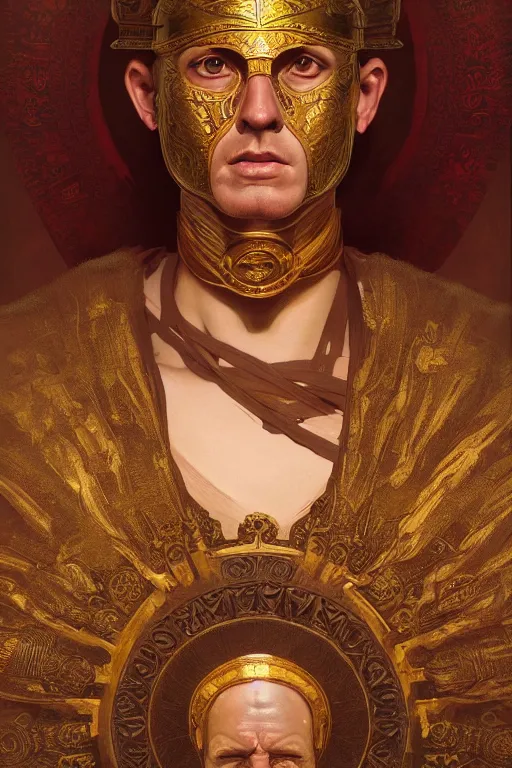 Image similar to ancient rome emperor, realistic portrait full body, symmetrical, highly detailed, digital painting, artstation, concept art, smooth, sharp focus, illustration, cinematic lighting, art by artgerm and greg rutkowski and alphonse mucha