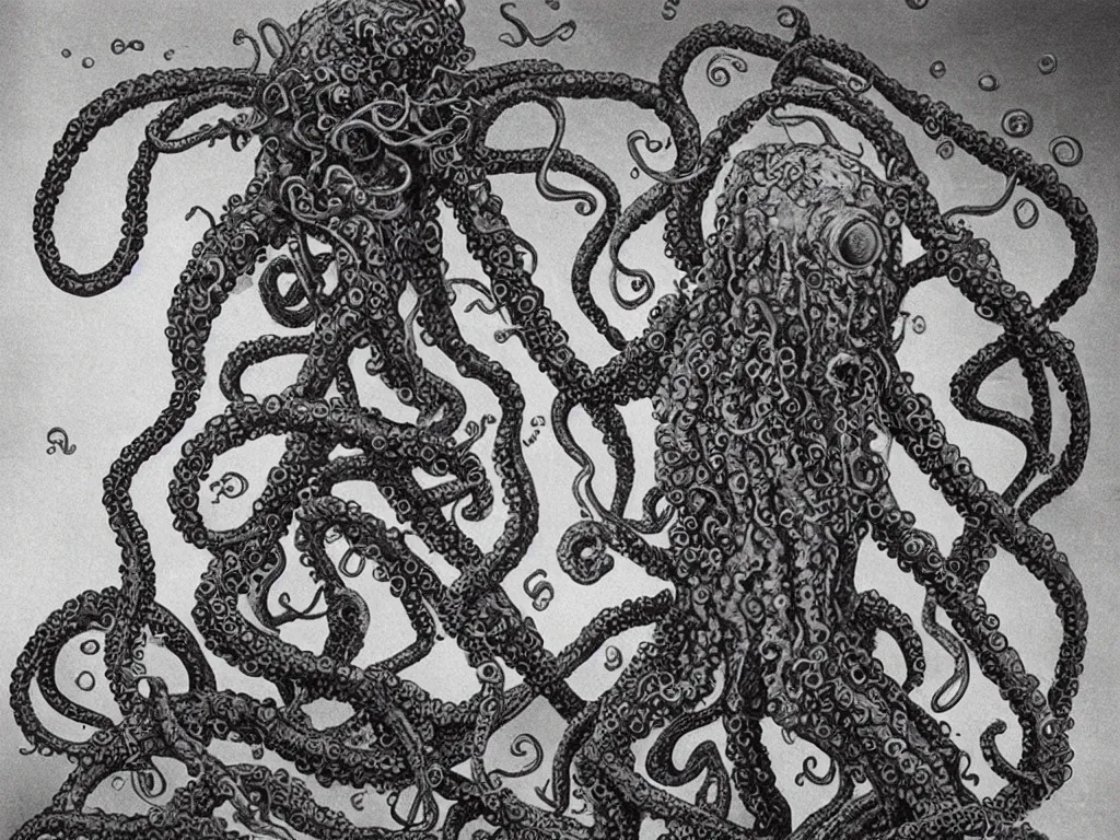 Image similar to tentacled cthulhu monster in 1 9 7 0 kitchen