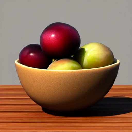 Image similar to a thick porcelain bowl filled with a few moist freshly picked plums on a wooden table. volumetric lighting. 4 k. small scale. realistic.