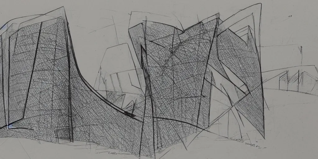 Prompt: sketch by hassan Fatahy and Zaha Hadid for mosque in old paper