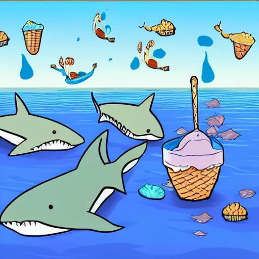 Prompt: A group of sharks swimming around a ice cream cone in the ocean, Cartoon