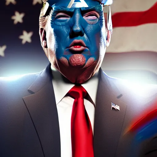 Image similar to Donald Trump as Captain America, epic, movie still, photorealistic, cinematic, 8k,