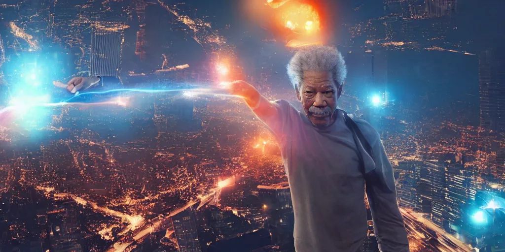 Image similar to gigantic morgan freeman doing a bridge handstand while destroying a city with lasers in his eyes, night, realism, 4 k, octane render, award winning photograph
