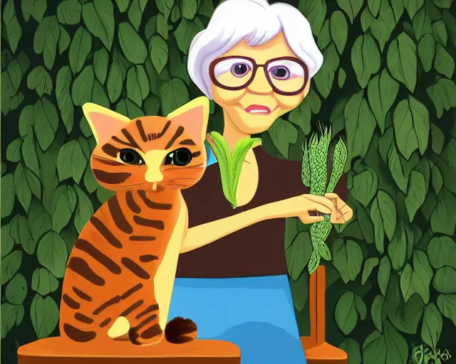 Image similar to cartoon of a nice old lady and her plant cat, pixar, sharp high quality