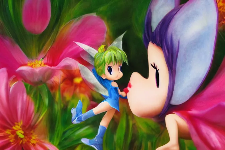 Image similar to (small anime Tinkerbell) kissing a big flower, hyper realism, macro shot