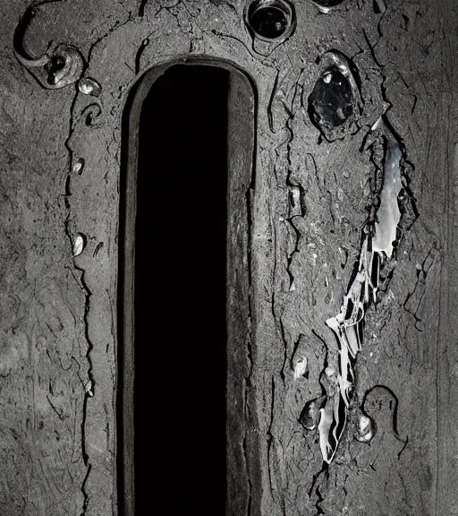 Image similar to a portal vortex made of melting metals show a window to a dark scary realm evil professional photography, high resolution, liminal eerie midnight backlit, a photograph taken by holloywood studios