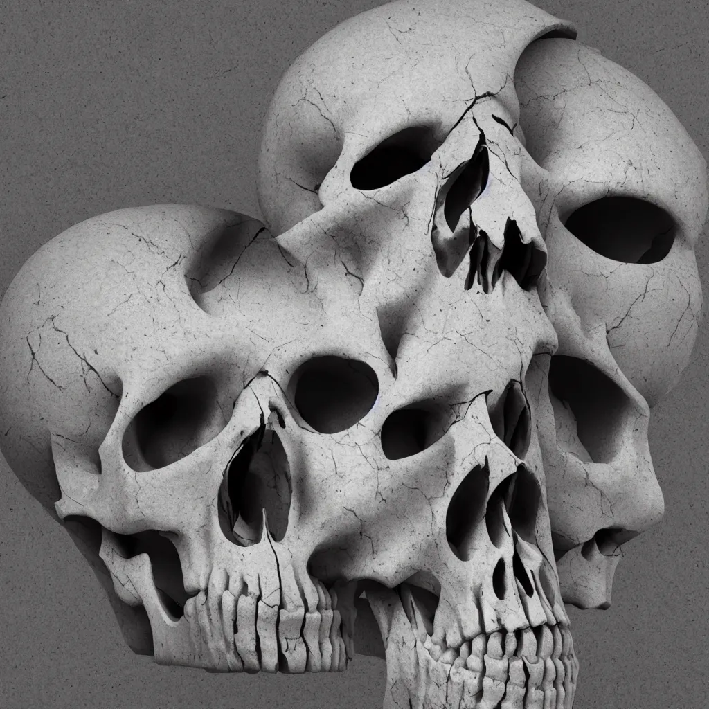 Image similar to octane render of a skull made out of marble, breaking into many pieces