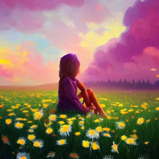 Image similar to giant daisies flower as head, girl sitting in a flower field, surreal photography, sunrise, dramatic light, impressionist painting, colorful clouds, digital painting, artstation, simon stalenhag