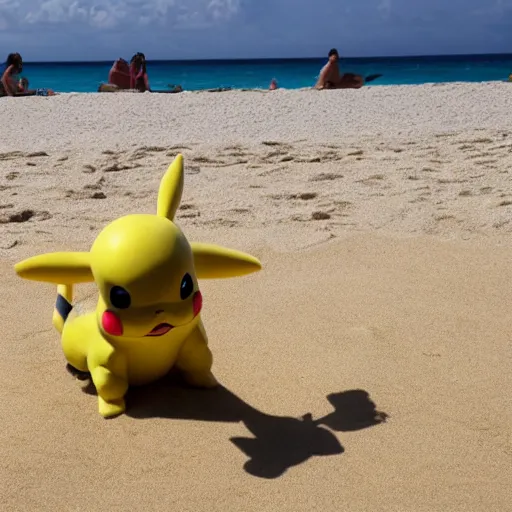 Image similar to papparazzi photograph of pikachu at a beach on ibiza