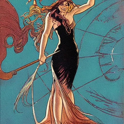 Prompt: half - length portrait of beautiful witch circe in the odyssey, art by moebius