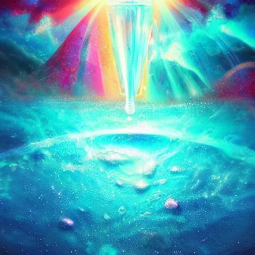 Image similar to blue perfume bottle surrounded by turquoise water droplet and galactic waves, lonely world still shining through faintly rainbow led lights, beautiful surreal scenery artwork pixiv. soul dust. unthinkable dream sublime god lighting, sun rays, cold colors. insanely detailed, artstation!! pixiv!! infinitely detailed created by god