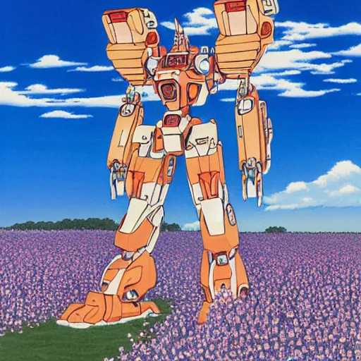 Image similar to a beautiful painting of a large humanoid mecha shrouded by mystic nebula magic in a field of flowers by hiroshi nagai and hirohiko araki, detailed line art