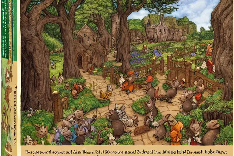 Prompt: an elaborate and dense scene from redwall abbey in mossflower wood with lots of medieval anthropomorphic mice and rabbits and otters, detailed by brian jacques and greg rutowski