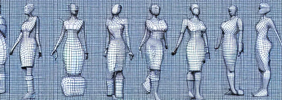 Prompt: pattern of anthropomorphic 3 d females looking like playboy models accompanying artificial intelligence blueprint