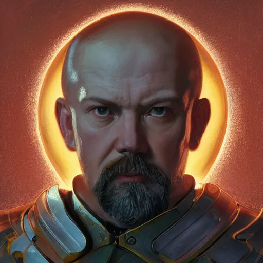 Prompt: masterpiece head - on symmetrical centered painted portrait, lenin as a holy warrior, holy light halo, glorious, wearing full metal armour, elegant, distant, in the style of ruan jia and artgerm and edgar maxence and ross tran and michael whelan and mucha, 8 k, octane render