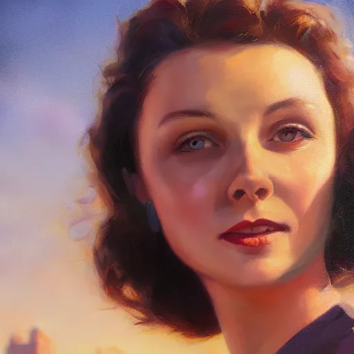 Prompt: closeup portrait of a young vivian leigh, bright smile, chiaroscuro, city background, golden hour, dramatic lighting, complementary contrast, high detail, painted by greg rutkowski, painted by igor kieryluk, trending on artstation