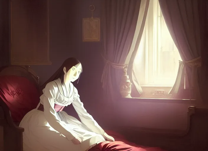 Image similar to victorian britain 1 8 3 6, 1 6 year old florence nightingale, hears the voice of god, in a luxurious english victorian bedroom, finely detailed perfect art, gapmoe yandere grimdark, trending on pixiv fanbox, painted by greg rutkowski makoto shinkai takashi takeuchi studio ghibli