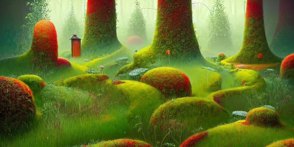 Image similar to Beautiful artwork garden of the future, overgrown with fir trees and plants. Nice colour scheme, warm colour. Beautiful artistic digital artwork by artist Lurid. (2022), Gediminas Pranckevicius