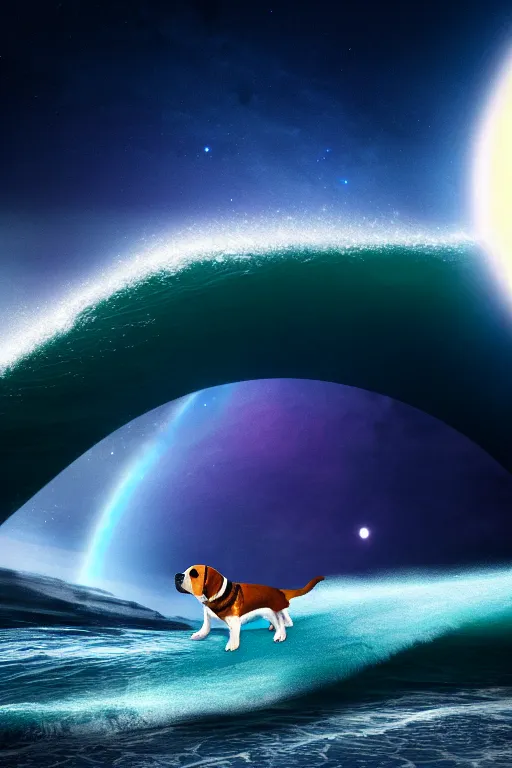 Image similar to beagle dog surfing a surfboard on a sparkly crashing wave of stardust in space, background is a moon in nebula, octane render, unreal engine, wide view, 8 k, highdetaild