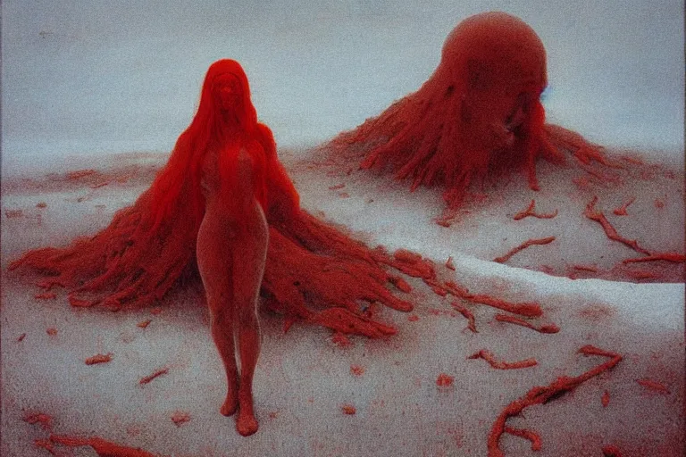 Image similar to a surrealist painting of a lonely woman with pale skin and red hair, standing over pile of bodies in post apocalyptic snowy landscape, painted by zdzisław beksinski