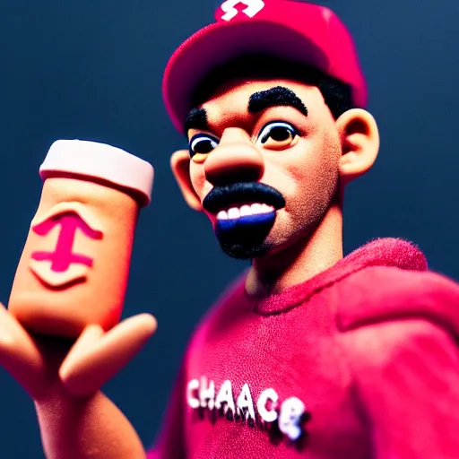 Image similar to a cinematic film still of a claymation stop motion film starring chance the rapper as a college student, shallow depth of field, 8 0 mm, f 1. 8