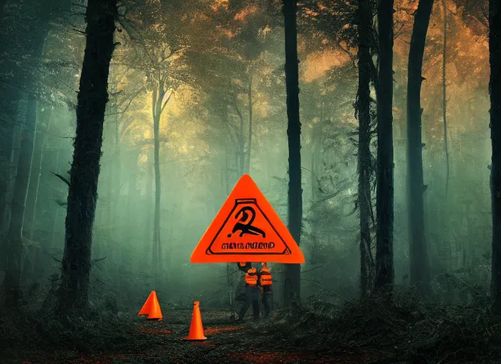 Prompt: a few orange safety cones in a beautiful strange forest, a black hair beast stands in the center distance, cinematic painting by james jean, atomspheric lighting, moody lighting, dappled light, detailed, digital art, limited color palette, wes anderson, 2 4 mm lens, surreal