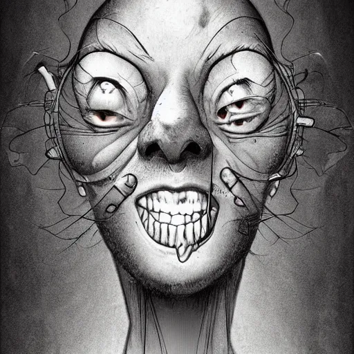 Image similar to grunge cartoon sketch of a human fly mix with a wide smile by - michael karcz, loony toons style, horror theme, detailed, elegant, intricate