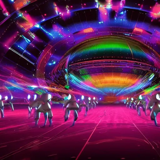 Prompt: promotional movie still wide - angle 3 0 m distance. colorful shiny pearlescent robots ( ( cat ) ) like disco music, disco balls, dance - off contests, space battles. very dramatic atmospheric volumetric lighting, octane 3 d render, ue 5, imax, saturday night fever ( film ), cocoon ( film ), scifi