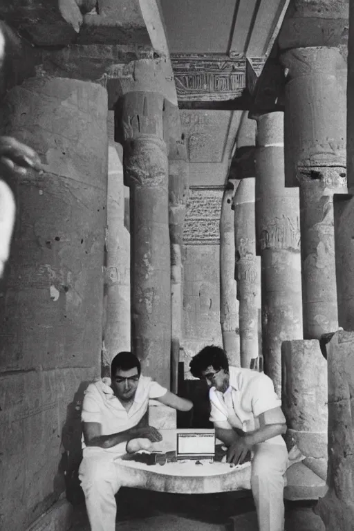 Image similar to magazine article about a videogame arcade in an egyptian temple, photojournalism, 1980s