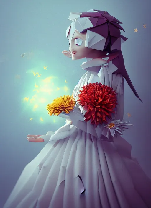 Image similar to background edge of space with puffy clouds are dusk, anthropomorphic paper woman wrapped in a flowing couture tissue paper, paper chrysanthemums, many origami stars, eery light, 3 d, very detailed, octane render, trending artstation, trending cgisociety, artgem