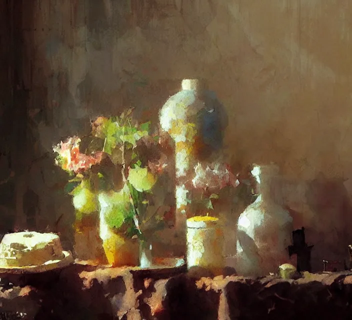 Prompt: a beautiful still life painting by Craig Mullins