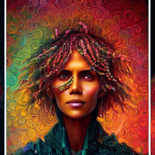 Prompt: portrait of halle berry, hyper detailed masterpiece, neon floral pattern, jean giraud, digital art painting, darkwave goth aesthetic, psychedelic, artgerm, donato giancola and tom bagshaw