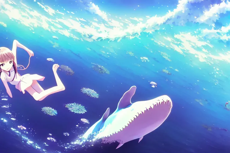 Prompt: a panorama distant view under the water, underwater world, anime art full body portrait character concept art, hyper detailed cg rendering of a cute girl and whale, anime key visual of violet evergarden, finely detailed perfect face, style of raphael lacoste, makoto shinkai, violet evergarden, studio ghibli, james jean, hayao miyazaki, extremely high quality artwork